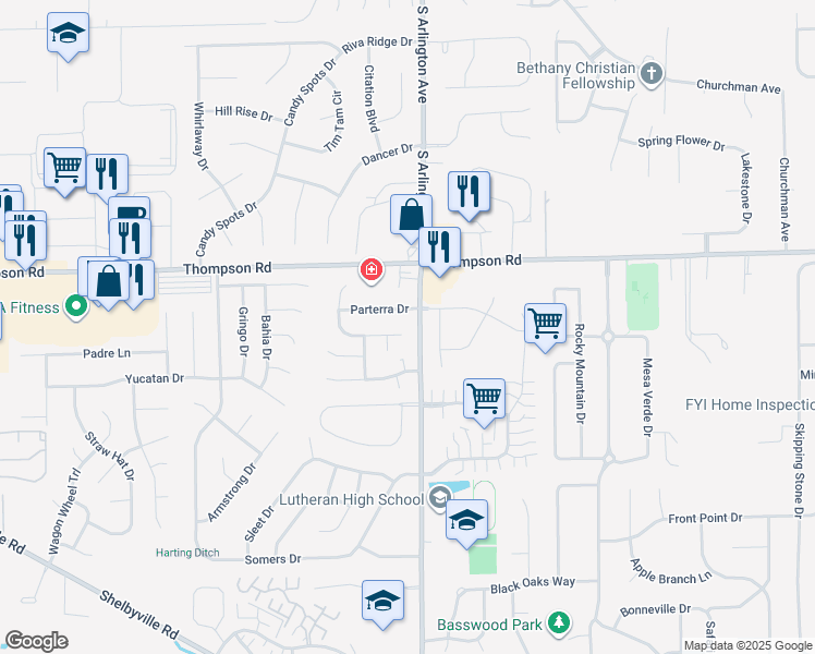 map of restaurants, bars, coffee shops, grocery stores, and more near 5962 Brouse Drive in Indianapolis
