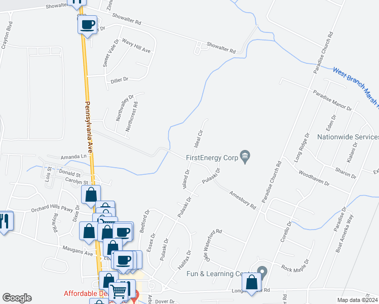 map of restaurants, bars, coffee shops, grocery stores, and more near 13808 Ideal Circle in Hagerstown