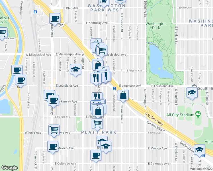 map of restaurants, bars, coffee shops, grocery stores, and more near South Washington Street & East Louisiana Avenue in Denver