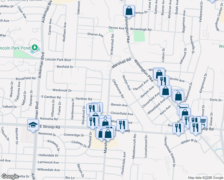 map of restaurants, bars, coffee shops, grocery stores, and more near 3729 Marshall Road in Dayton