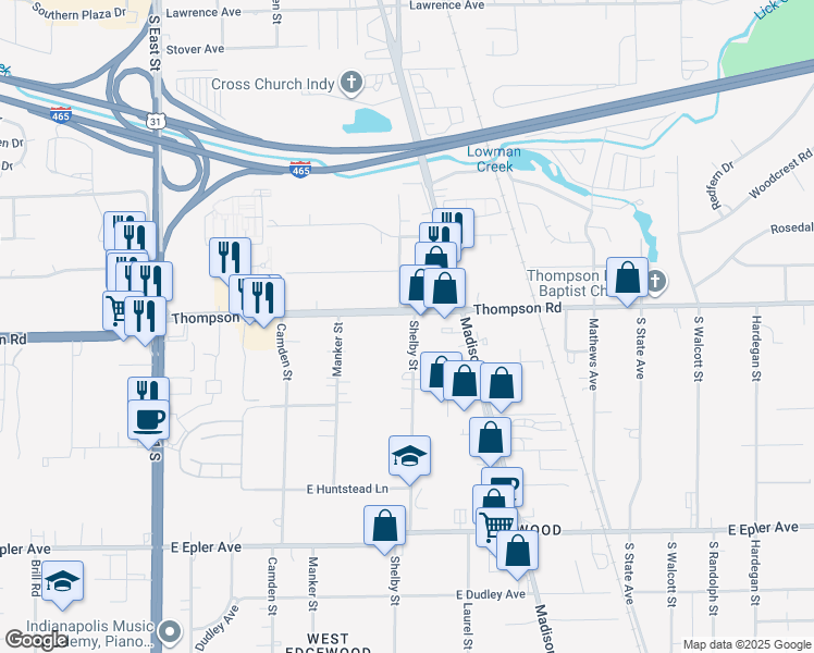 map of restaurants, bars, coffee shops, grocery stores, and more near 1049 Thompson Road in Indianapolis