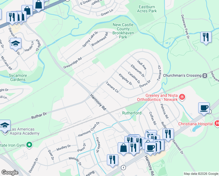 map of restaurants, bars, coffee shops, grocery stores, and more near 608 Tamara Circle in Newark