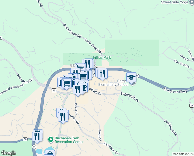 map of restaurants, bars, coffee shops, grocery stores, and more near 1202 Bergen Parkway in Evergreen