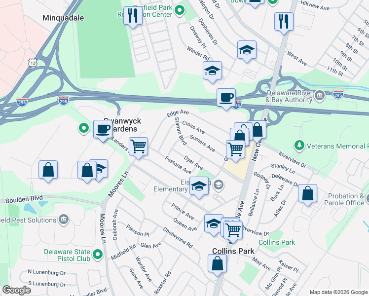 map of restaurants, bars, coffee shops, grocery stores, and more near 128 Stamm Boulevard in New Castle