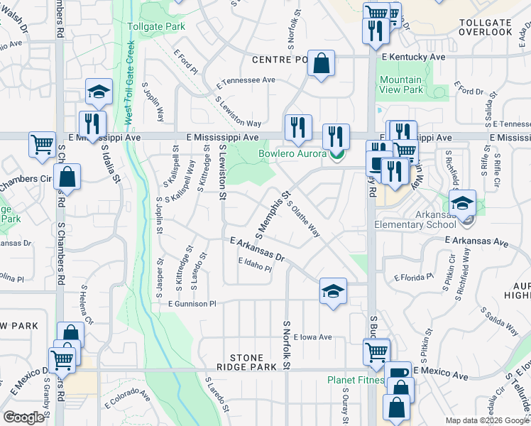 map of restaurants, bars, coffee shops, grocery stores, and more near 1207 South Memphis Street in Aurora