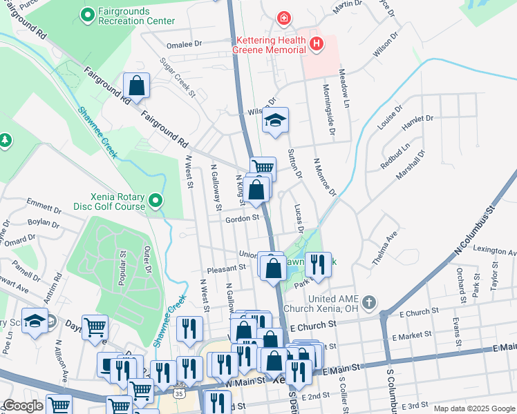 map of restaurants, bars, coffee shops, grocery stores, and more near 596 U.S. 68 in Xenia