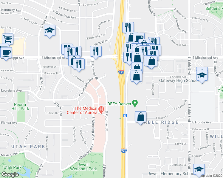 map of restaurants, bars, coffee shops, grocery stores, and more near 1330 Potomac Court in Aurora