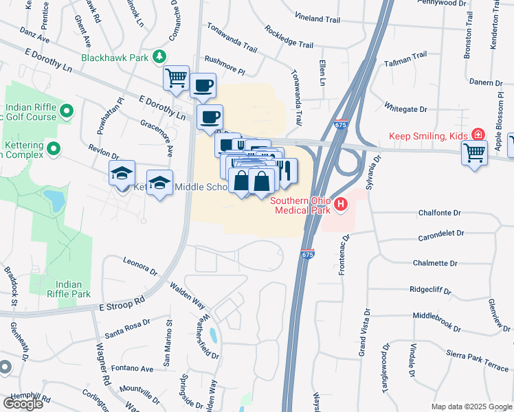 map of restaurants, bars, coffee shops, grocery stores, and more near 4426 Buckeye Lane in Beavercreek