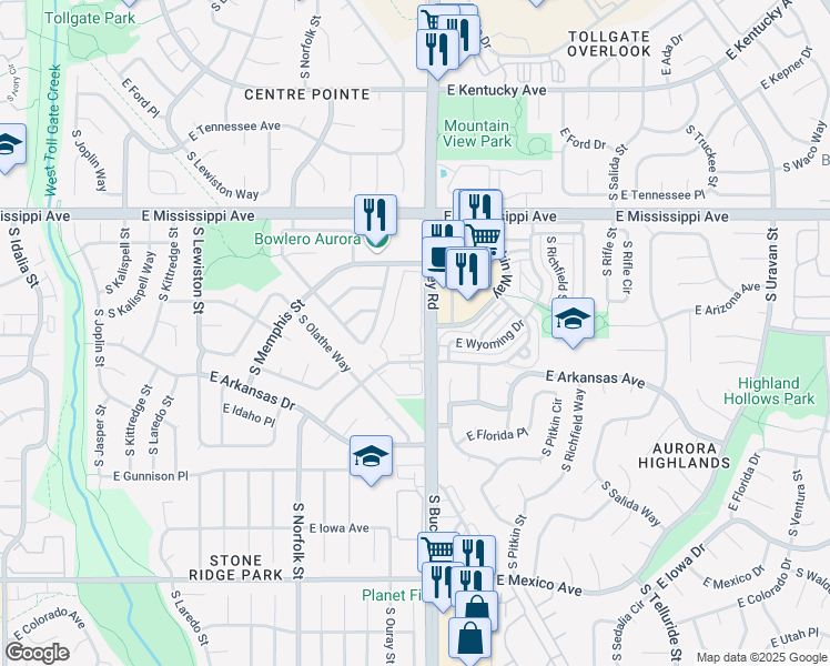 map of restaurants, bars, coffee shops, grocery stores, and more near 16872 East Wyoming Circle in Aurora