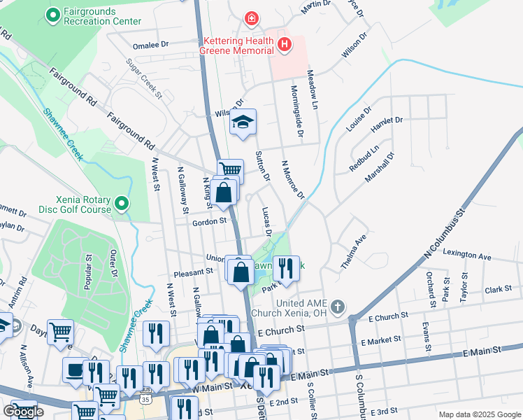 map of restaurants, bars, coffee shops, grocery stores, and more near 582 Lucas Drive in Xenia