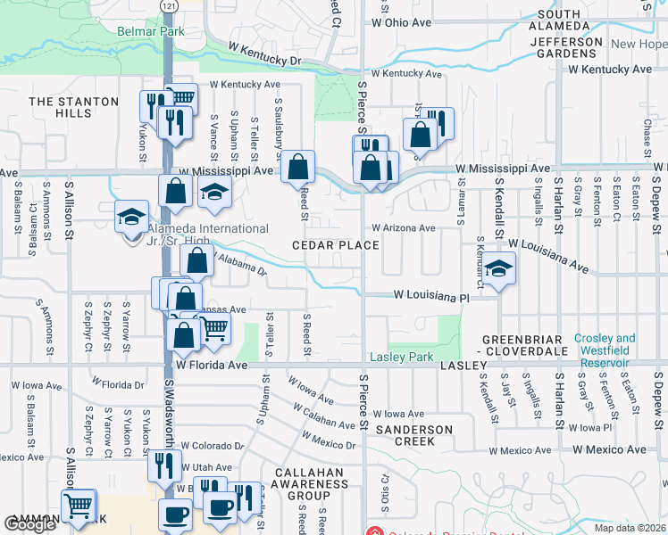 map of restaurants, bars, coffee shops, grocery stores, and more near 6921 West Louisiana Avenue in Lakewood