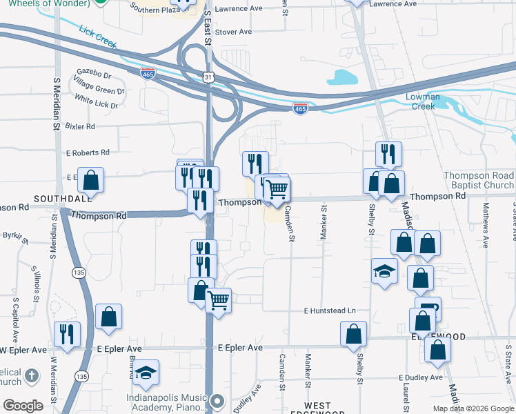 map of restaurants, bars, coffee shops, grocery stores, and more near 5000 Turtle Creek Court in Indianapolis