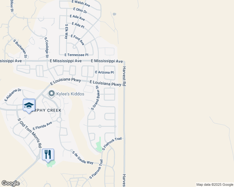 map of restaurants, bars, coffee shops, grocery stores, and more near 24795 East Louisiana Circle in Aurora