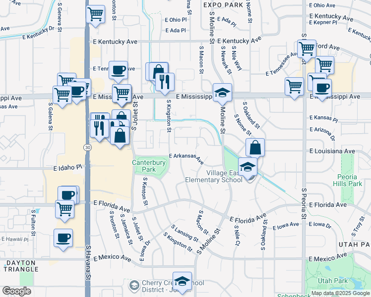 map of restaurants, bars, coffee shops, grocery stores, and more near 1361 South Lansing Court in Aurora
