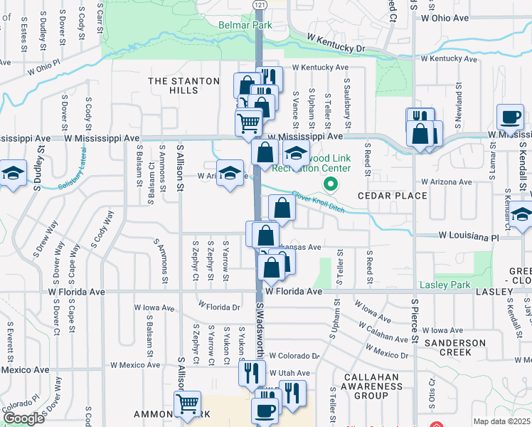map of restaurants, bars, coffee shops, grocery stores, and more near 7583 West Louisiana Avenue in Lakewood