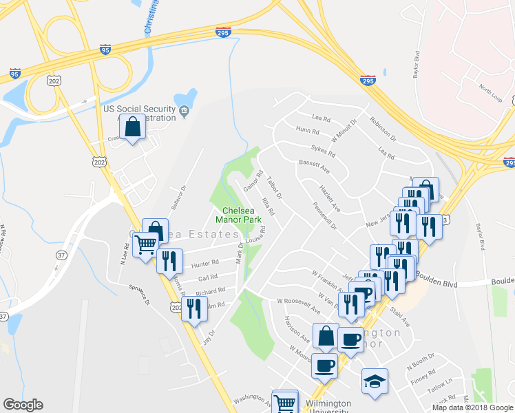 map of restaurants, bars, coffee shops, grocery stores, and more near 126 Louise Road in Wilmington Manor