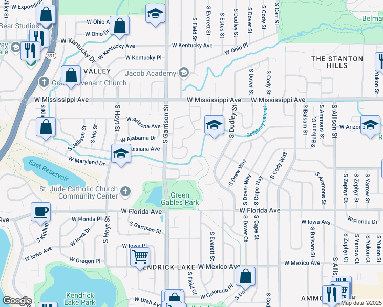 map of restaurants, bars, coffee shops, grocery stores, and more near 1237 South Flower Circle in Lakewood