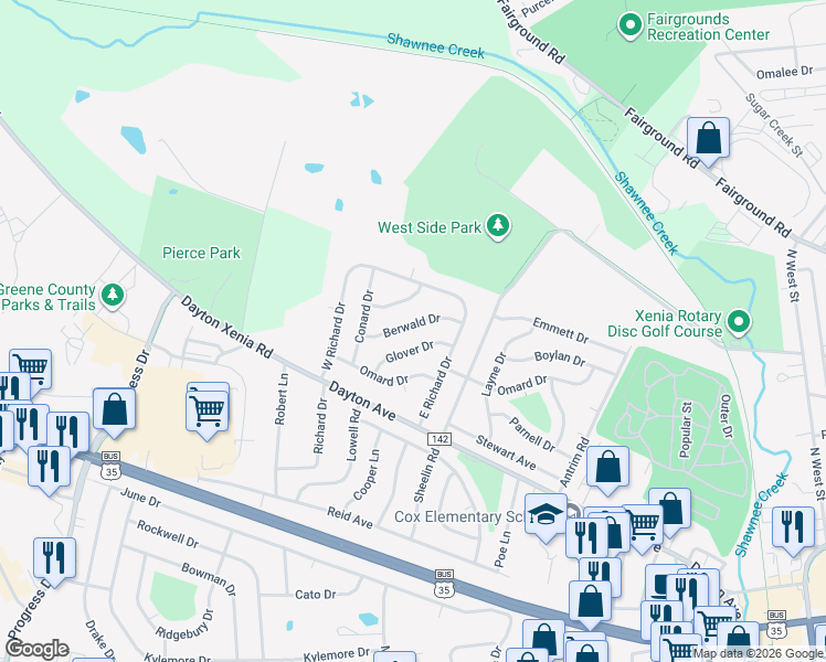 map of restaurants, bars, coffee shops, grocery stores, and more near 1243 Berwald Dr in Xenia