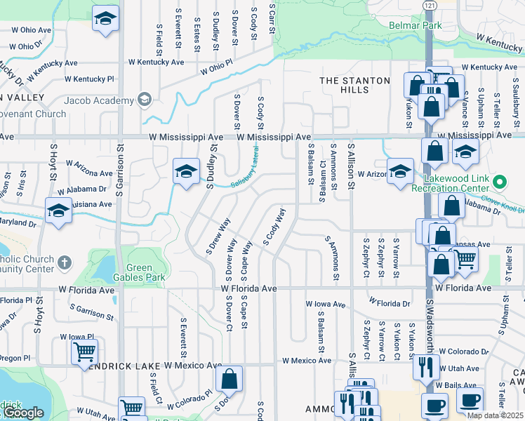 map of restaurants, bars, coffee shops, grocery stores, and more near 1303 South Cape Way in Lakewood