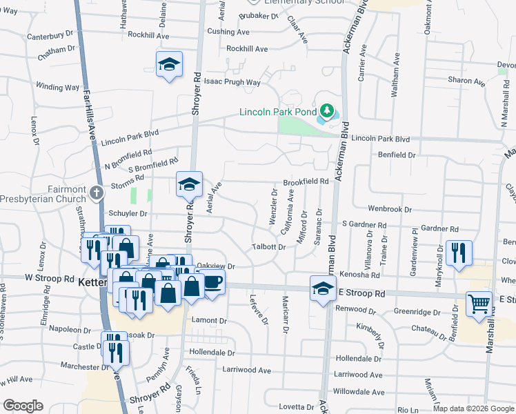map of restaurants, bars, coffee shops, grocery stores, and more near 3750 Storms Road in Dayton