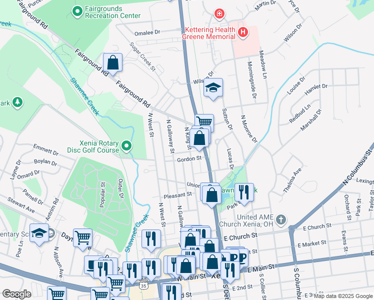 map of restaurants, bars, coffee shops, grocery stores, and more near 606 North King Street in Xenia