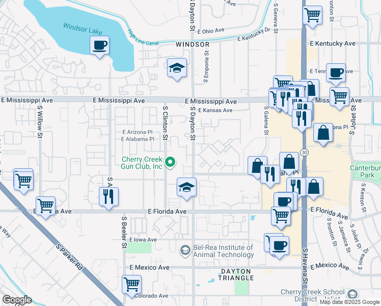 map of restaurants, bars, coffee shops, grocery stores, and more near 1271 South Dayton Street in Aurora