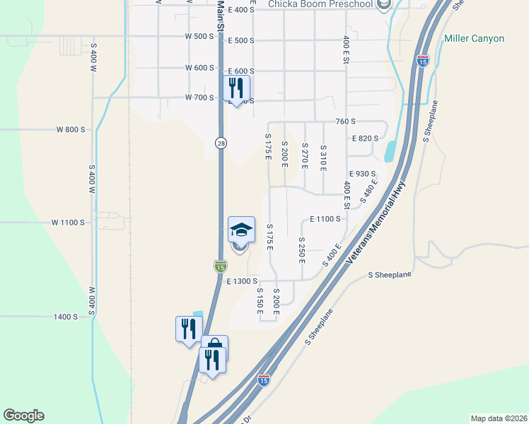 map of restaurants, bars, coffee shops, grocery stores, and more near 1058 South 175 East in Nephi