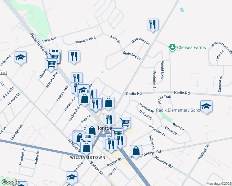 map of restaurants, bars, coffee shops, grocery stores, and more near 336 Broad Street in Monroe