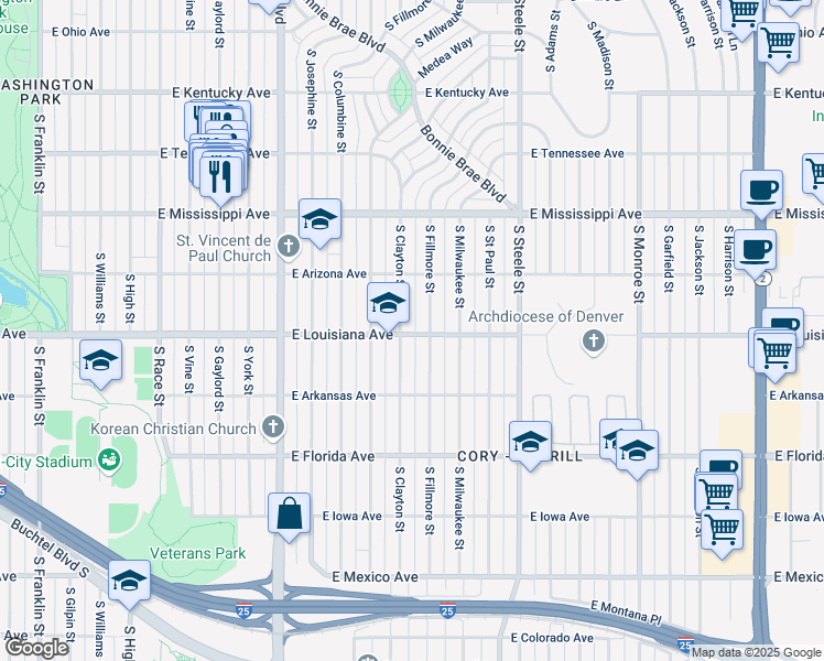 map of restaurants, bars, coffee shops, grocery stores, and more near 1296 South Fillmore Street in Denver