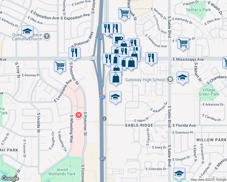 map of restaurants, bars, coffee shops, grocery stores, and more near 1278 South Abilene Street in Aurora