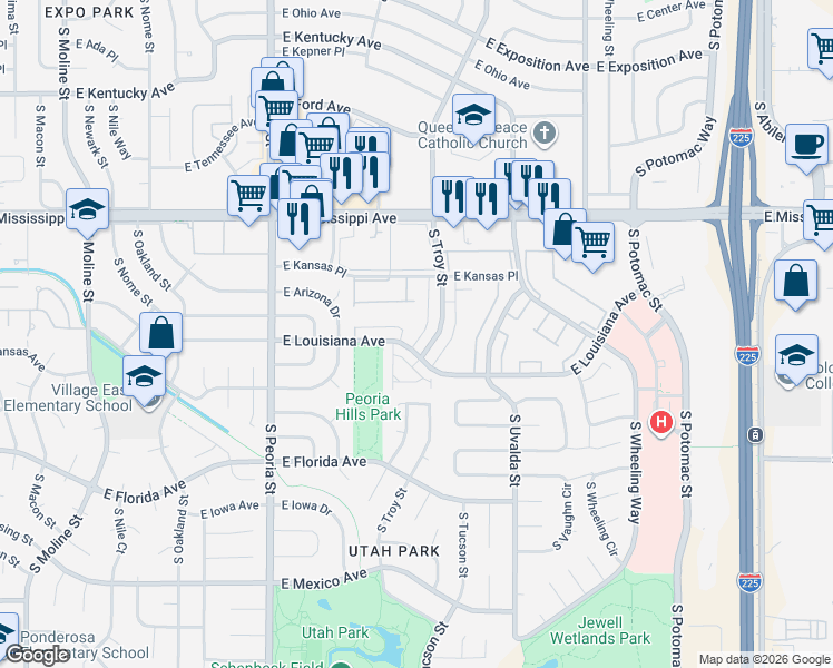 map of restaurants, bars, coffee shops, grocery stores, and more near 1275 South Troy Street in Aurora