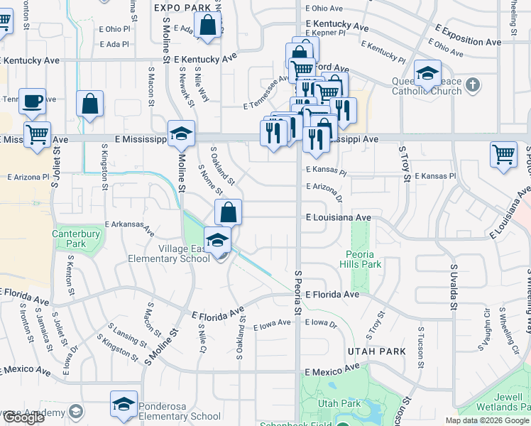 map of restaurants, bars, coffee shops, grocery stores, and more near 12059 East Louisiana Avenue in Aurora