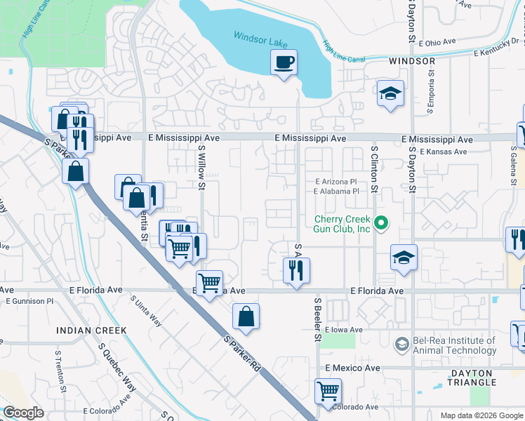 map of restaurants, bars, coffee shops, grocery stores, and more near 1305 South Akron Way in Denver