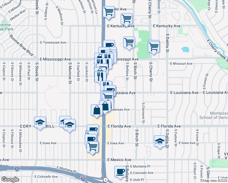 map of restaurants, bars, coffee shops, grocery stores, and more near 4201 E Louisiana Ave in Denver
