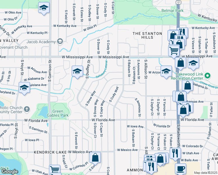 map of restaurants, bars, coffee shops, grocery stores, and more near 1303 South Cape Way in Lakewood