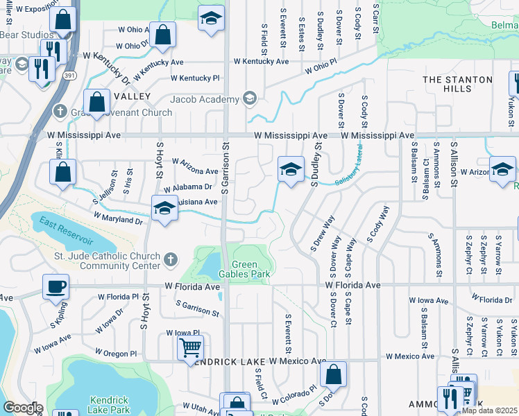 map of restaurants, bars, coffee shops, grocery stores, and more near 1237 South Flower Circle in Lakewood