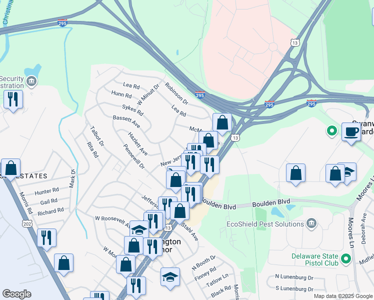map of restaurants, bars, coffee shops, grocery stores, and more near 8 Carvel Avenue in Wilmington Manor