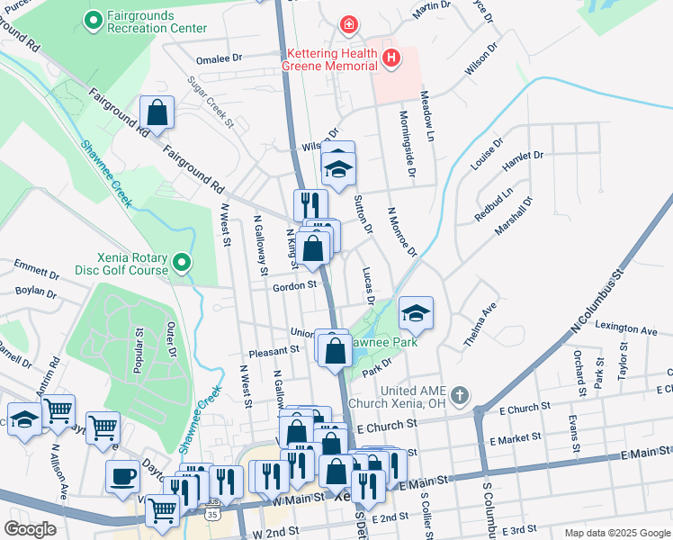 map of restaurants, bars, coffee shops, grocery stores, and more near 596 U.S. 68 in Xenia