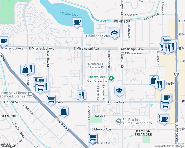 map of restaurants, bars, coffee shops, grocery stores, and more near 1288 South Beeler Court in Denver