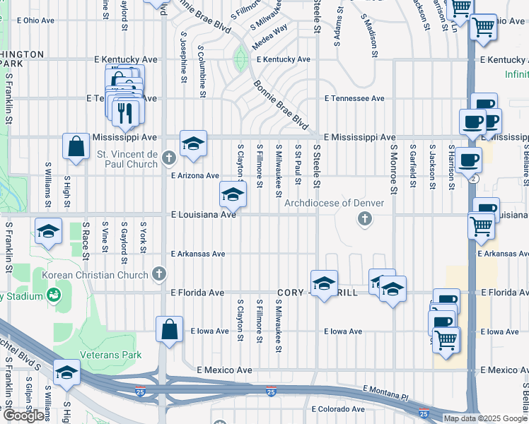 map of restaurants, bars, coffee shops, grocery stores, and more near 1296 South Fillmore Street in Denver