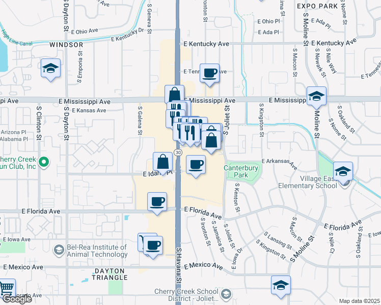 map of restaurants, bars, coffee shops, grocery stores, and more near 337 South Oswego Street in Aurora