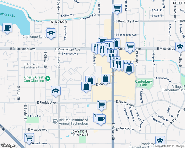 map of restaurants, bars, coffee shops, grocery stores, and more near 1335 South Galena Street in Denver