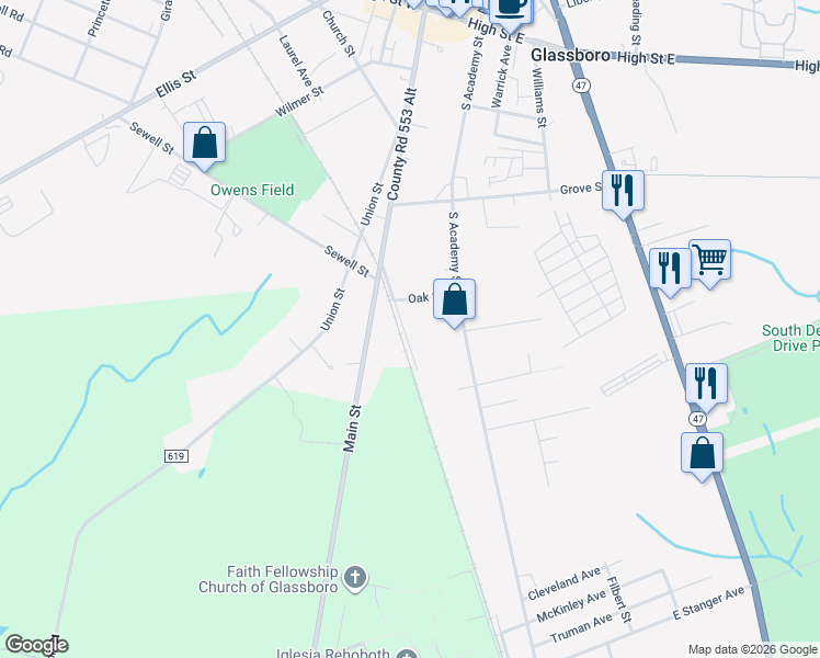 map of restaurants, bars, coffee shops, grocery stores, and more near 108 East Avenue in Glassboro