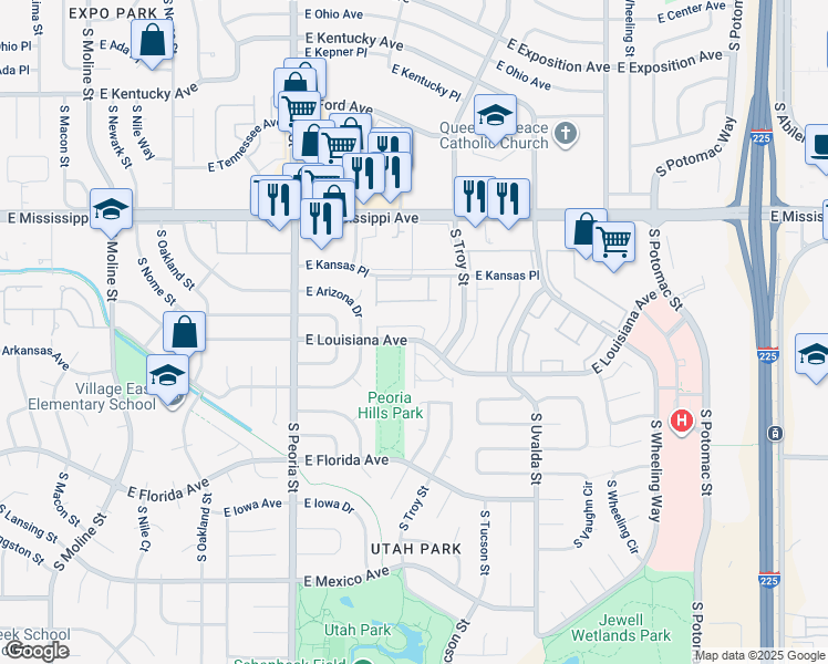 map of restaurants, bars, coffee shops, grocery stores, and more near 12461 East Louisiana Avenue in Aurora