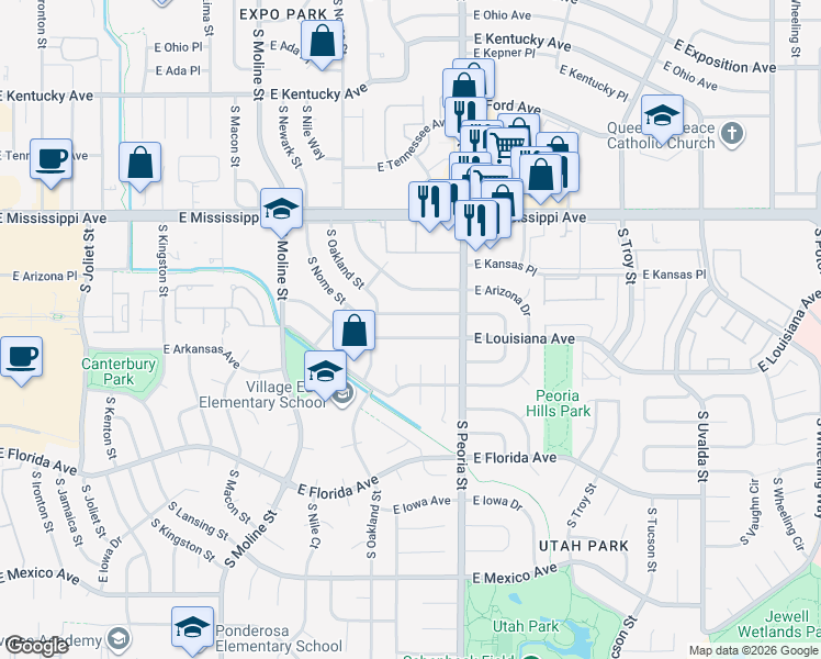 map of restaurants, bars, coffee shops, grocery stores, and more near 12059 East Louisiana Avenue in Aurora