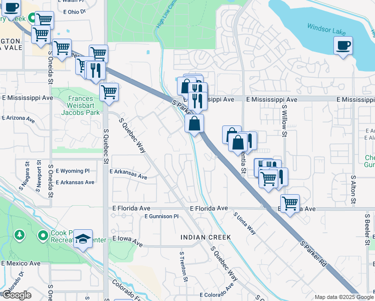 map of restaurants, bars, coffee shops, grocery stores, and more near 7676 E Arizona Dr in Denver