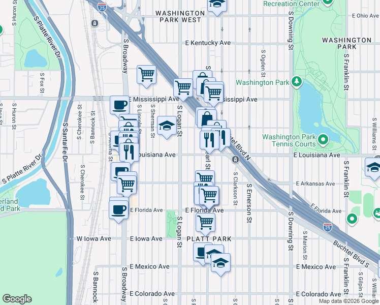 map of restaurants, bars, coffee shops, grocery stores, and more near 1295 South Pennsylvania Street in Denver