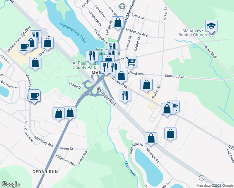 map of restaurants, bars, coffee shops, grocery stores, and more near 26 Park Avenue in Stafford Township