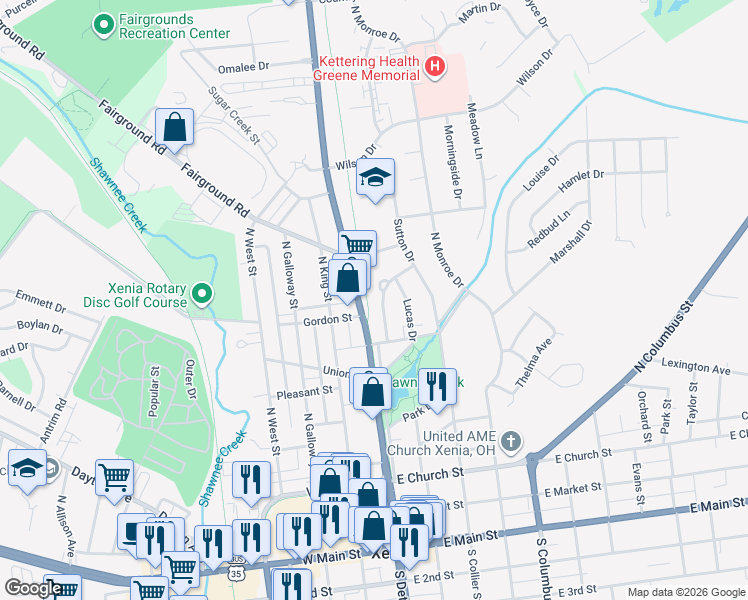 map of restaurants, bars, coffee shops, grocery stores, and more near 592 Smith Avenue in Xenia