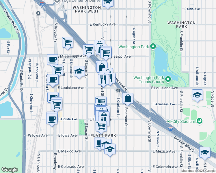 map of restaurants, bars, coffee shops, grocery stores, and more near 675 East Louisiana Avenue in Denver